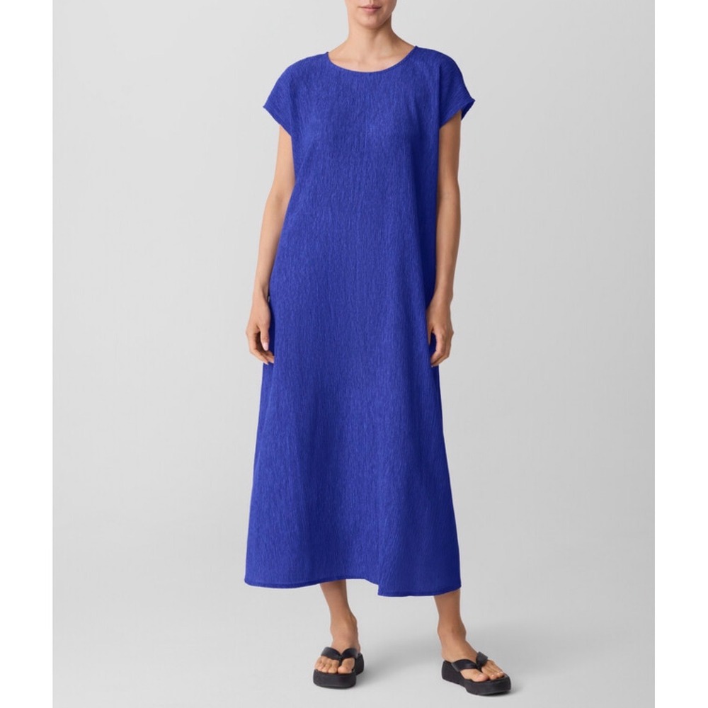 New Eileen Fisher Midi Maxi Dress Plisse Petite Large Blue Lagenlook Minimalist